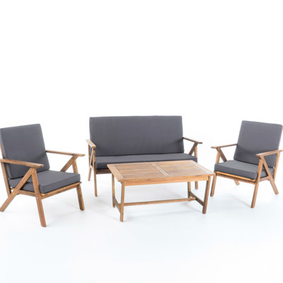 4Pc Outdoor Leisure Setup - Wood Construction, Water Fabric, Includes , 2 Club Chairs & Coffee Table, For Backyard Chat Collection With And Waterproof Fabric With Weather