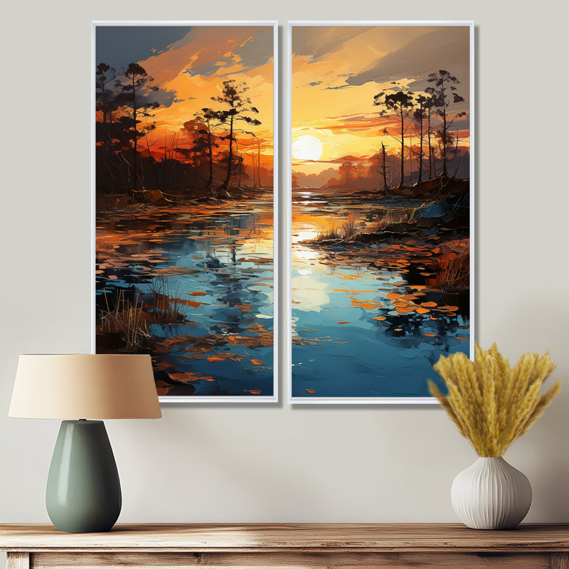 By The Lake Sunrise Reflections 2 - Cottage Lake, reproduction d'art sur toile 2 pièces, H 20 po x l 24 po, Blanc