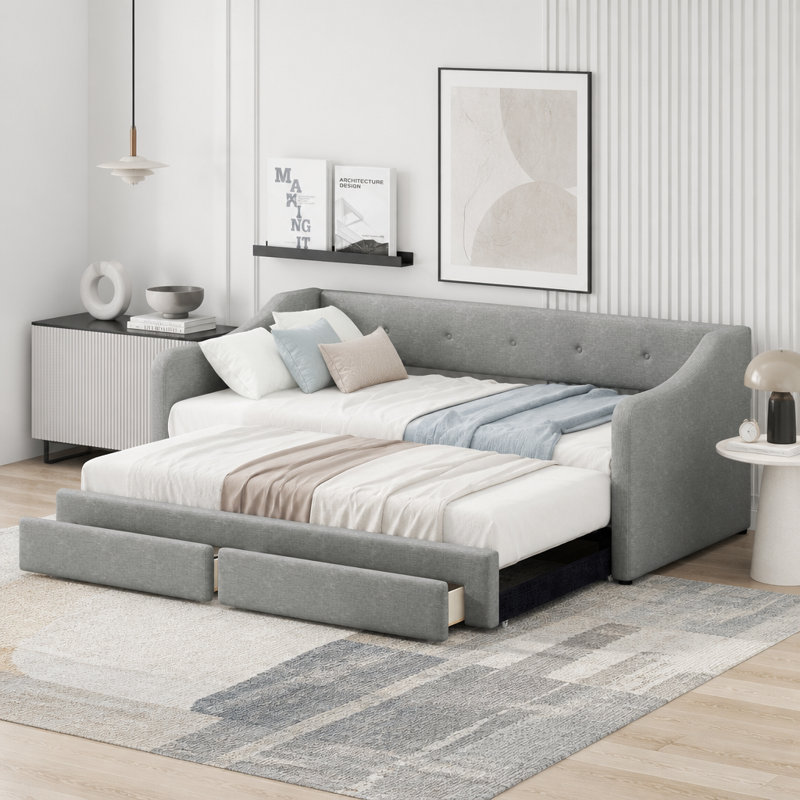 Lit de jour simple tapissier très grand avec deux tiroirs, gris