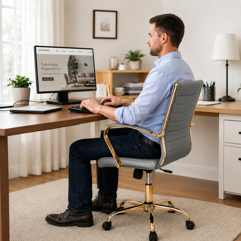 Fauteuil de bureau pivotant en cuir Naudain, Gris, Simple