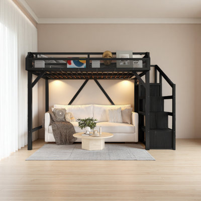 Lit mezzanine simple TG avec escalier de rangement, tablettes et garde-robe intégrée, cadre de lit mezzanine en métal avec ports USB et lumières DEL, conception à bruit réduit