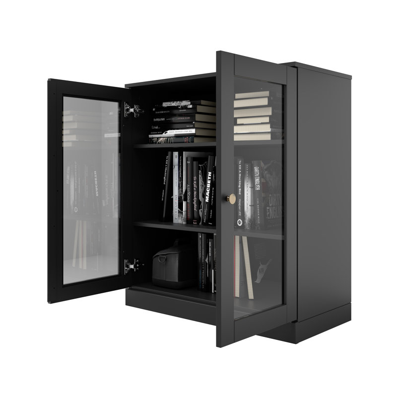 Meuble télé 100% bois massif, console de 32 po de largeur avec portes en verre et rangement, Noir