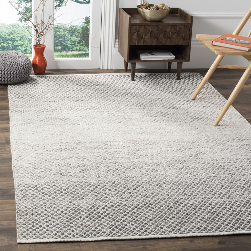 Tapis géométrique en coton fabriqué à la main gris clair / ivoire Amaya, Rectangle 5 pi x 8 pi