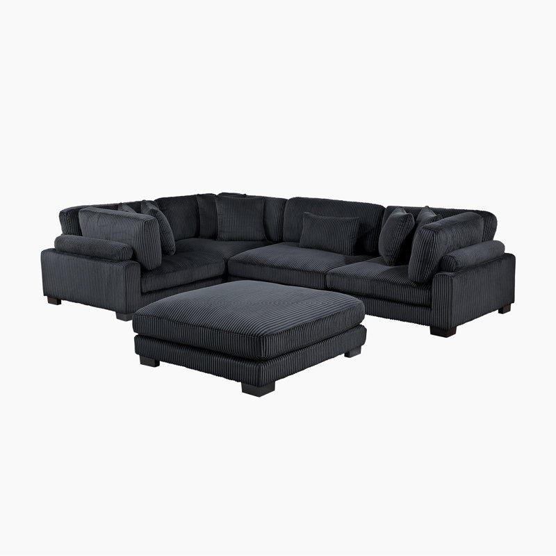 Canapé modulaire moderne 5 pièces avec repose-pieds en velours côtelé et rembourrage en mousse Brinsley, Velours côtelé noir
