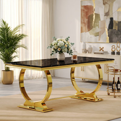 Table de salle à manger noire et dorée ， Table de salle à manger rectangulaire en faux marbre 70 po avec base en U