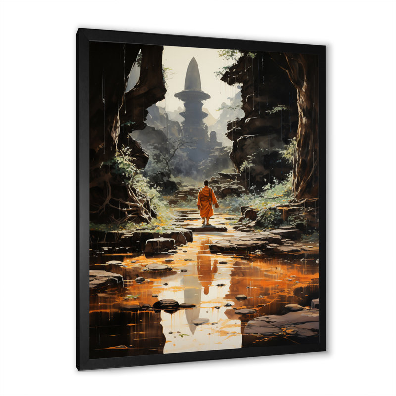 Art bouddhiste orange, empreintes de bouddhas II - art mural bouddhiste, salon, Cadre photo noir, L 12 po x H 20 po