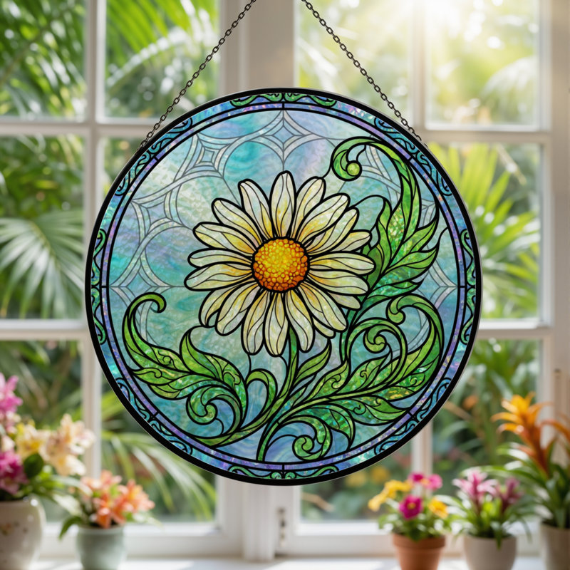 Panneau de vitrail à fleurs 12 "H Daisy, H 12 po x l 12 po