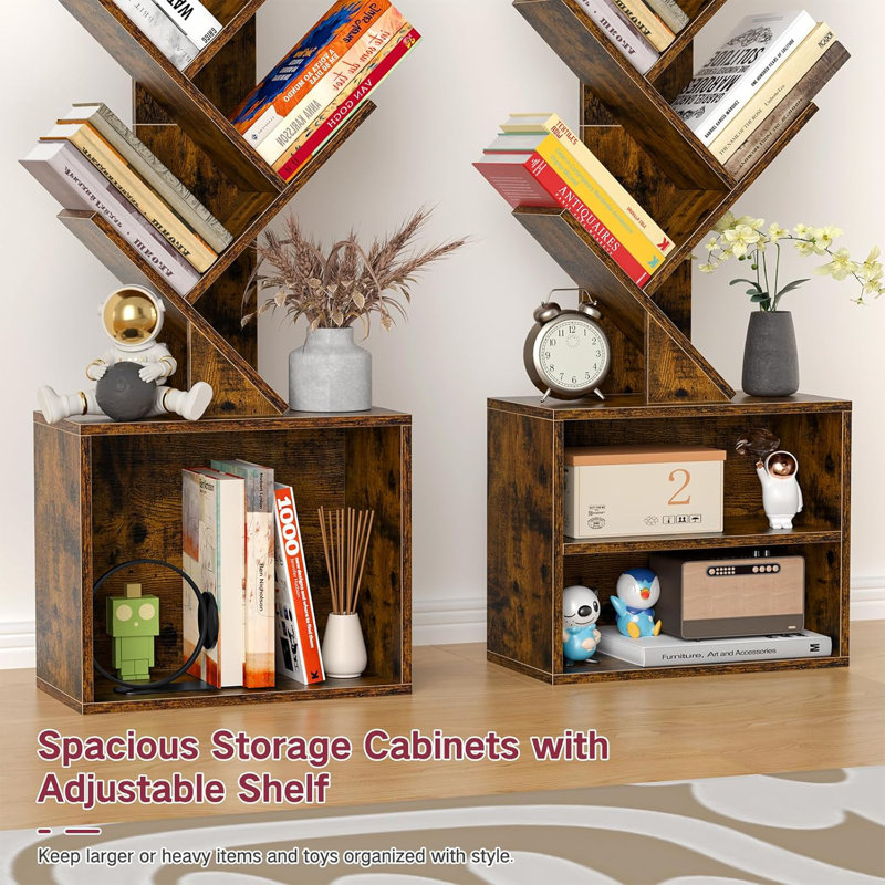 Bookcases With Led Light And Remote Control, 7-tier 2 Drawer Column Floor Lamp, Brown Wood