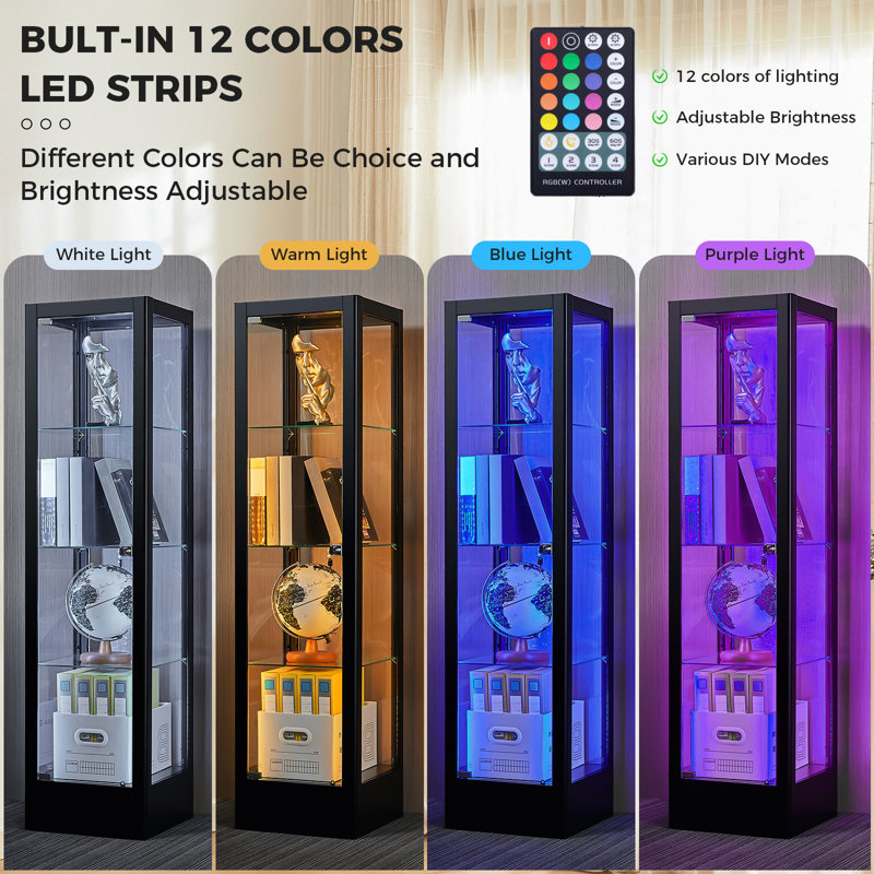 63"H Metal Glass Display Cabinet with Adjustable Shelves and Lights, Lockable Storage Cabinet, Black