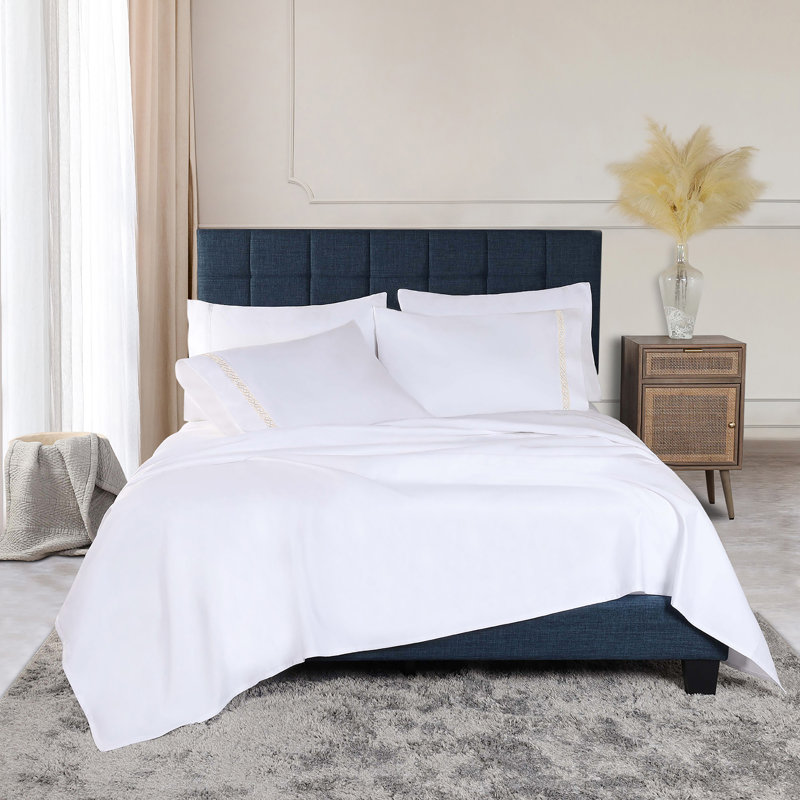 Infinity Scroll Embroidered Certified Egyptian Cotton 1000 Thread Count Bed Sheet Set, White/Ivory