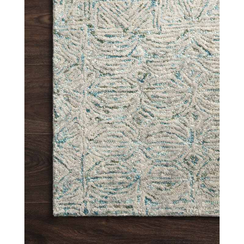 Tapis turquoise / beige en laine touffeté à la main Maximillian, Rectangle 11 pi 6 po x 15 pi