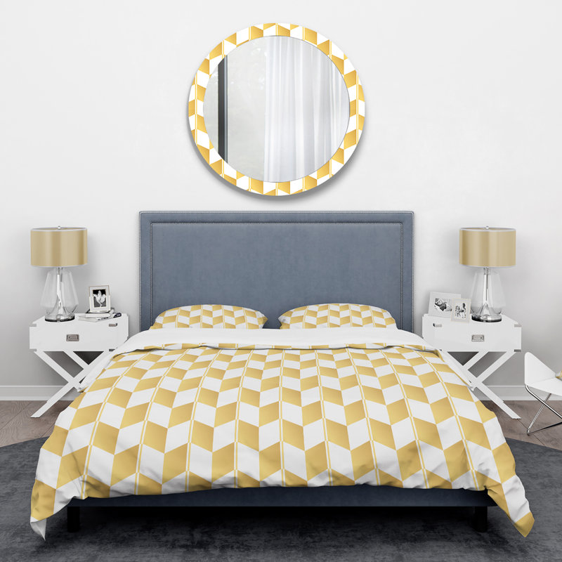 King Gold and White Geometric Microfiber Duvet Cover Set