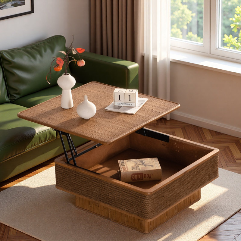 Table basse 31,52 "carrée en rotin + corde de chanvre avec mécanisme de levage et espace de rangement caché