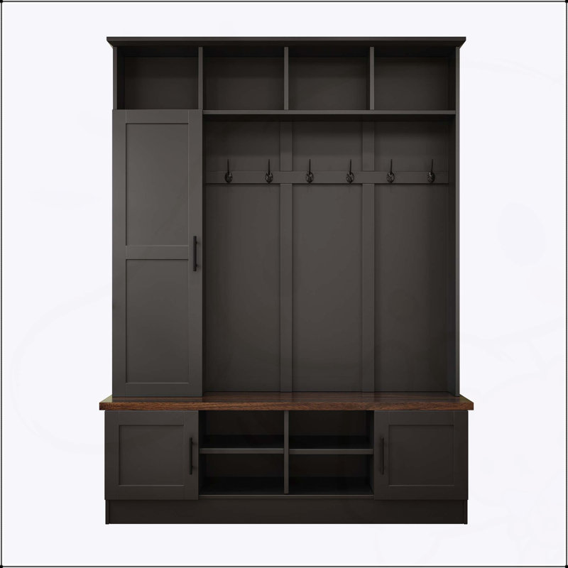 Modern Farmhouse Hall Tree with Storage, Seating, and Hooks for Versatile  Organization, Black/Dark Walnut