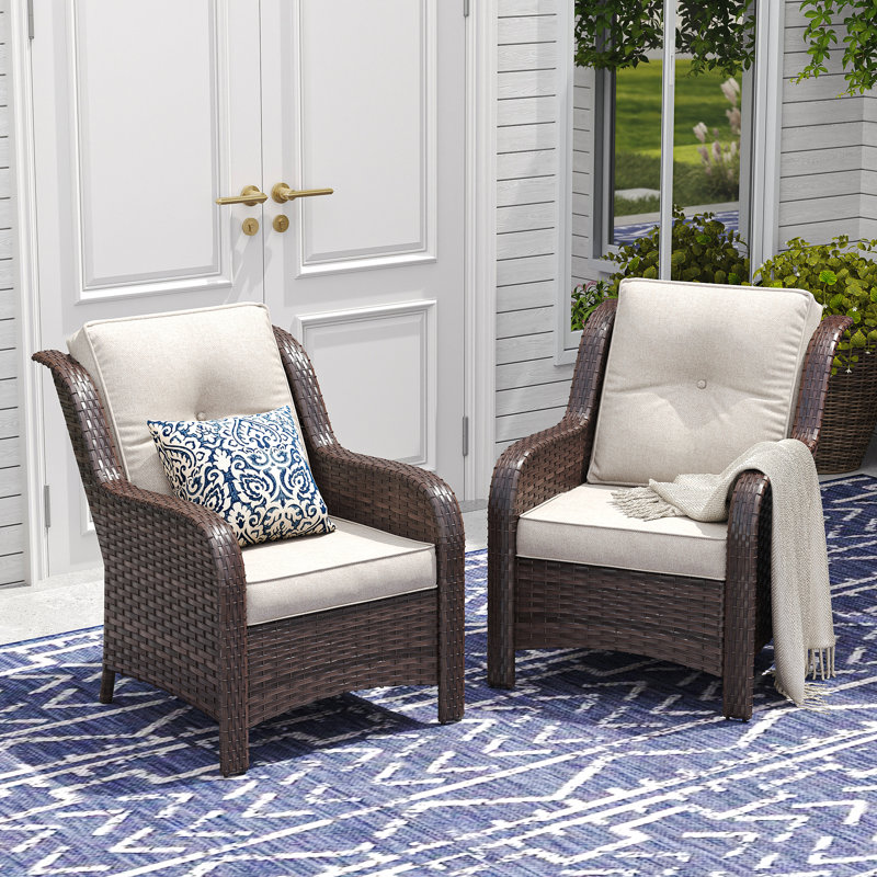 Stylish Outdoor Woven Rattan Single Sofa, Beige Cushion/Brown Frame
