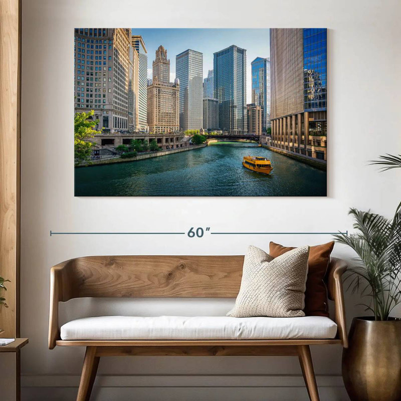 Bateau sur la rivière Sireci, Chicago, H 34 po x l 51 po