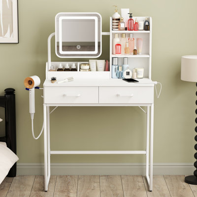 Modern Small Makeup Vanity with Touch Screen Mirror, Built-in Outlets & USB Charging and Adjustable Lighting
