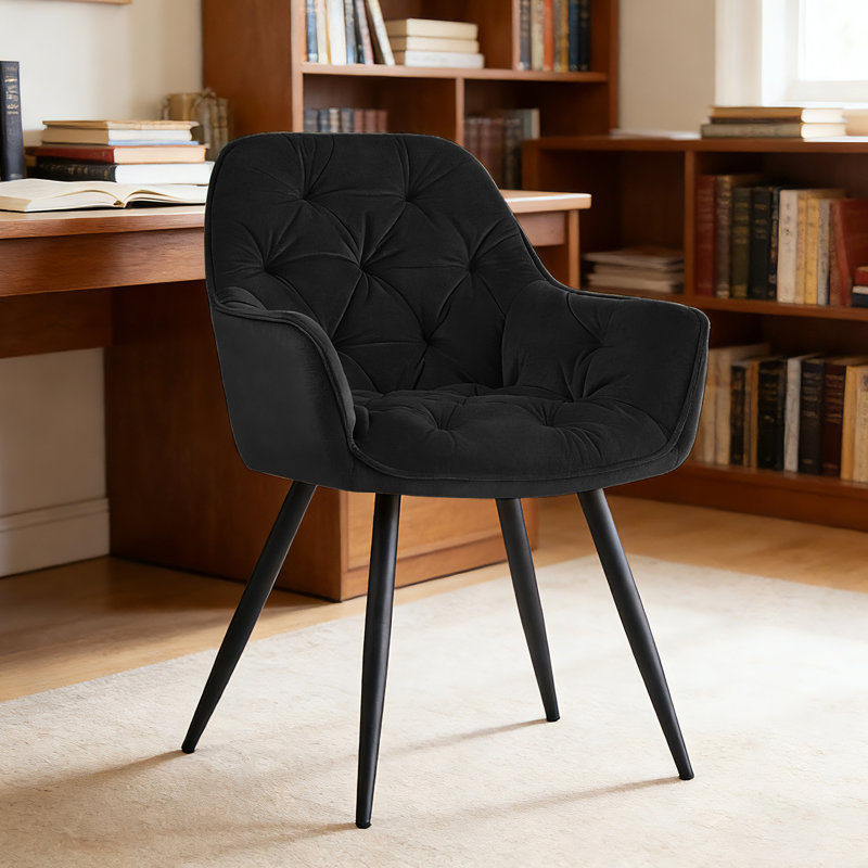 Velvet Upholstered Armrests Tufted Dining Chair with Wide Back 50cmH, Black