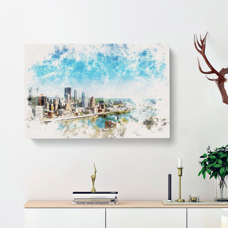 Skyline of Pittsburgh Pennsylvania Watercolour - Wrapped Canvas, 60cm H x 91cm W x 3cm D
