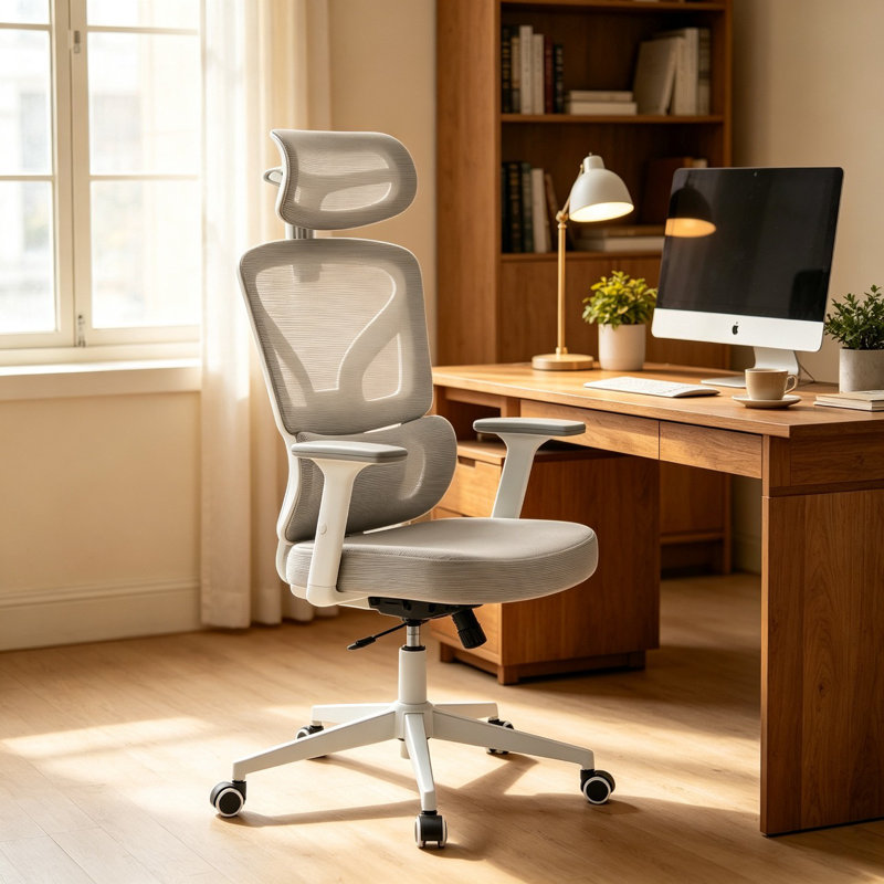 Fauteuil de bureau ergonomique inclinable à dossier haut avec appui-tête et accoudoirs réglables, pivotant et respirant, en maille, pour bureau à domicile, blanc et beige.