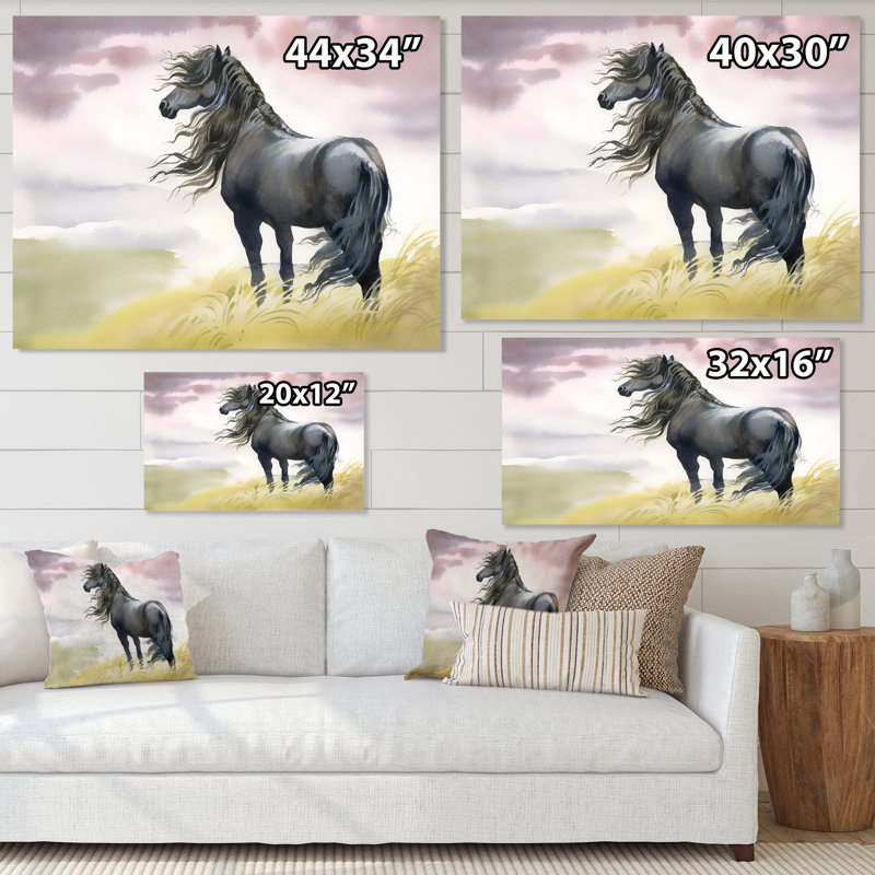 Cheval noir dans un champ - reproduction sur toile, H 34 po x l 44 po, Toile tendue