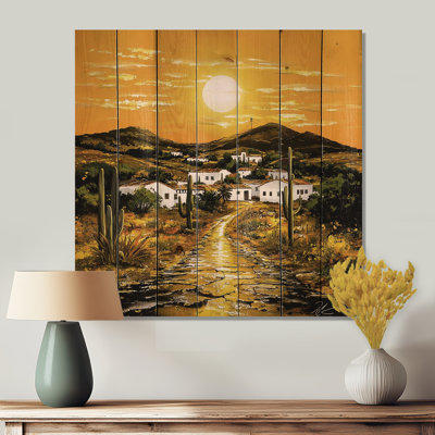 Village mexicain au coucher du soleil - Paysage désertique, art mural sur bois de pin naturel