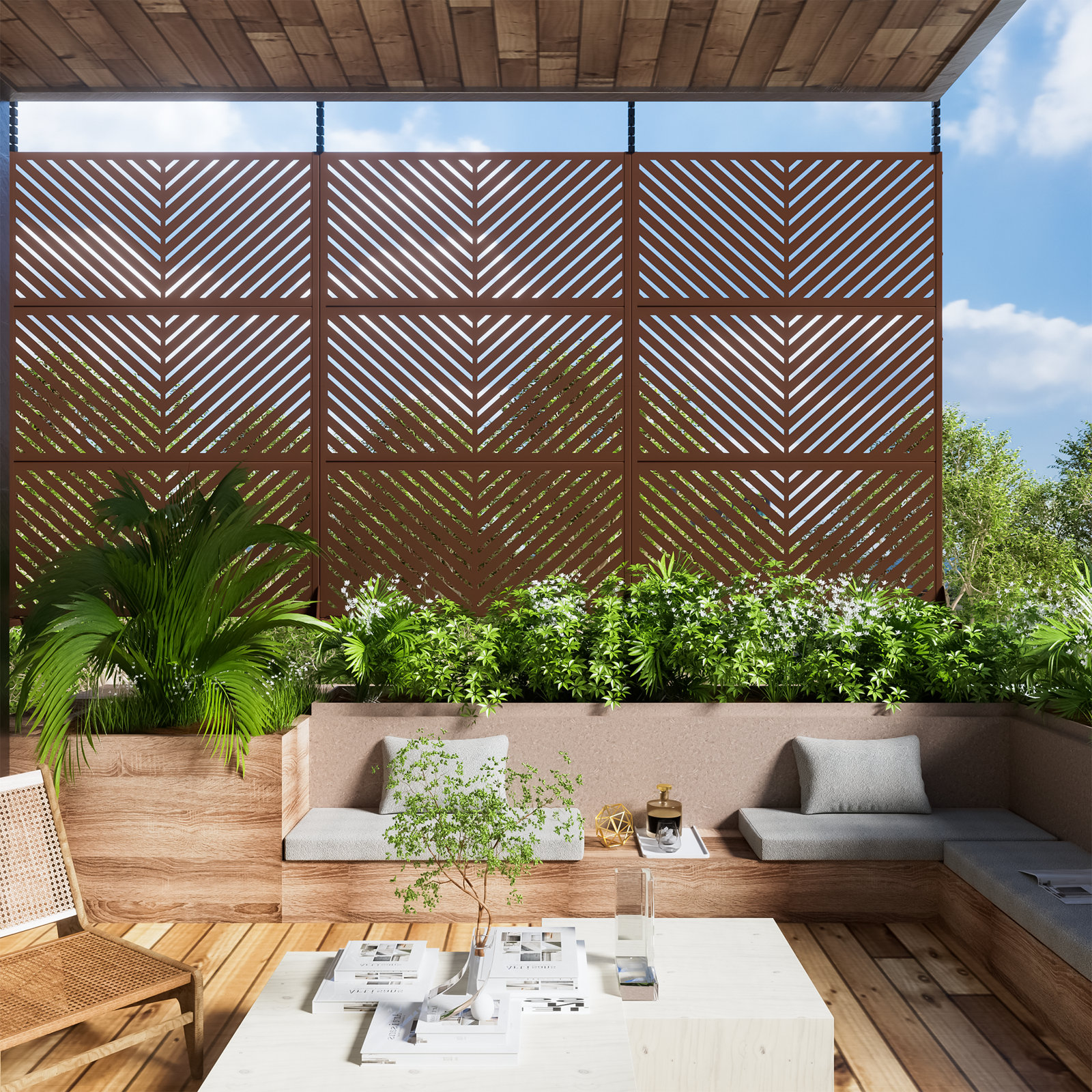 Harmon 4 ft. W Laser Cut Metal Privacy Screen, Brown
