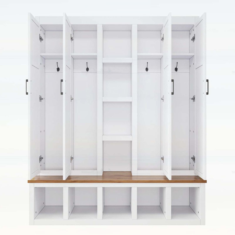 Farmhouse 4-in-1 Hall Tree with 6 Hanging Hooks,Entryway Shoe Cabinet with Seating Bench for Living Room,Hallway, White