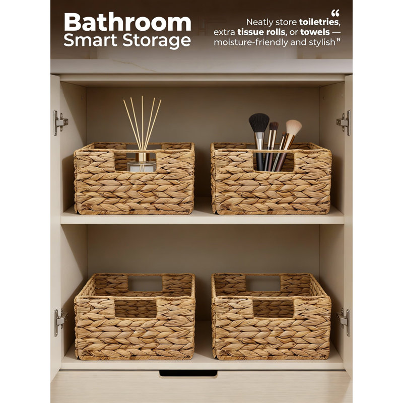 Water Hyacinth Storage Baskets Set Of 6, Handwoven Natural Wicker Organizer Bins With Carrying Handles, Sturdy Rectangular Laundry And Home Decor Baskets For Shelves And Organization