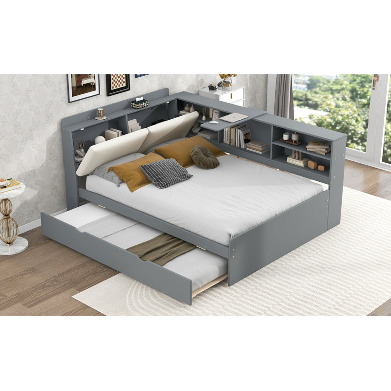 Lit plateforme en bois avec lit gigogne, tablettes et tête de lit, Gris