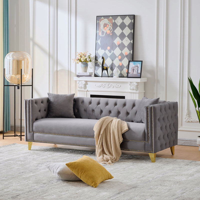 Canapé en velours Chesterfield de 80 po, canapé 3 places très profond, canapé de style moderne avec têtes de clou à boutons, accoudoirs carrés, meubles