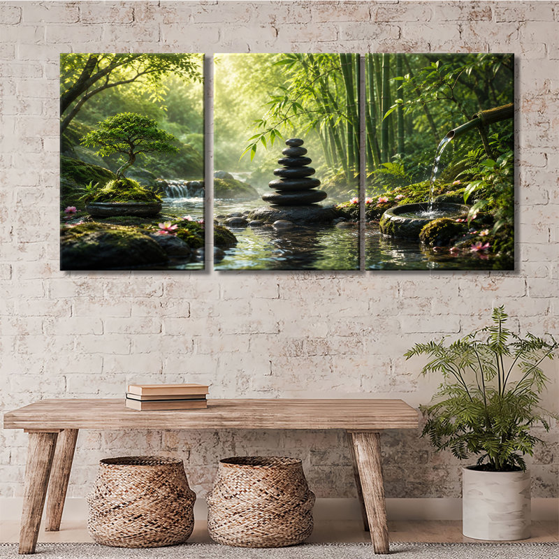 Ensemble de 3 impressions murales en toile de bambou Zen, H 18 po x l 36 po x P 1 po