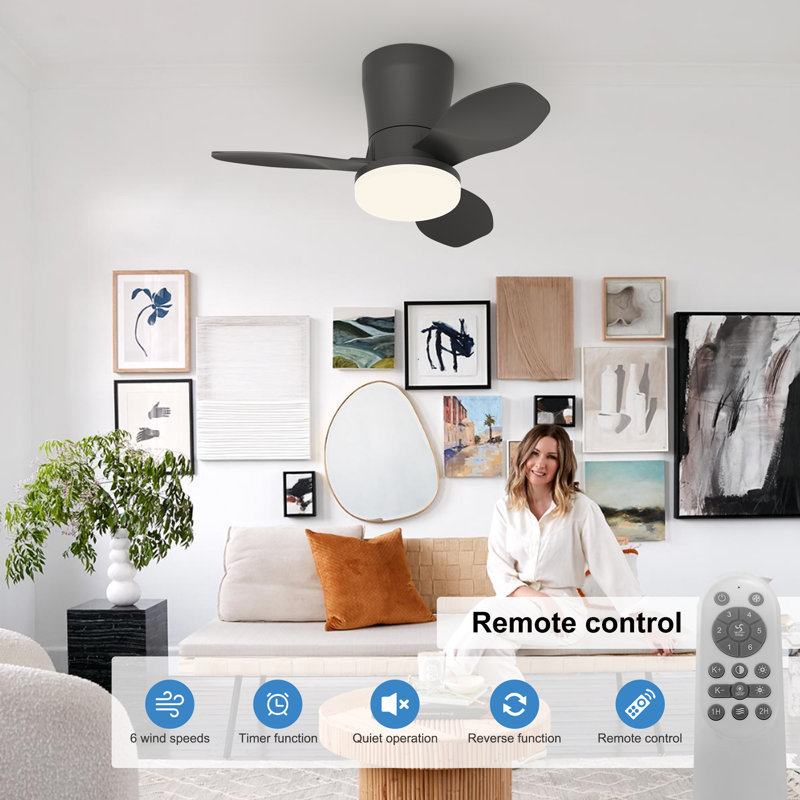 65cm 3-Blade Dimmable LED Ceiling Fan with Light Kit and Remote Control, Black, Black