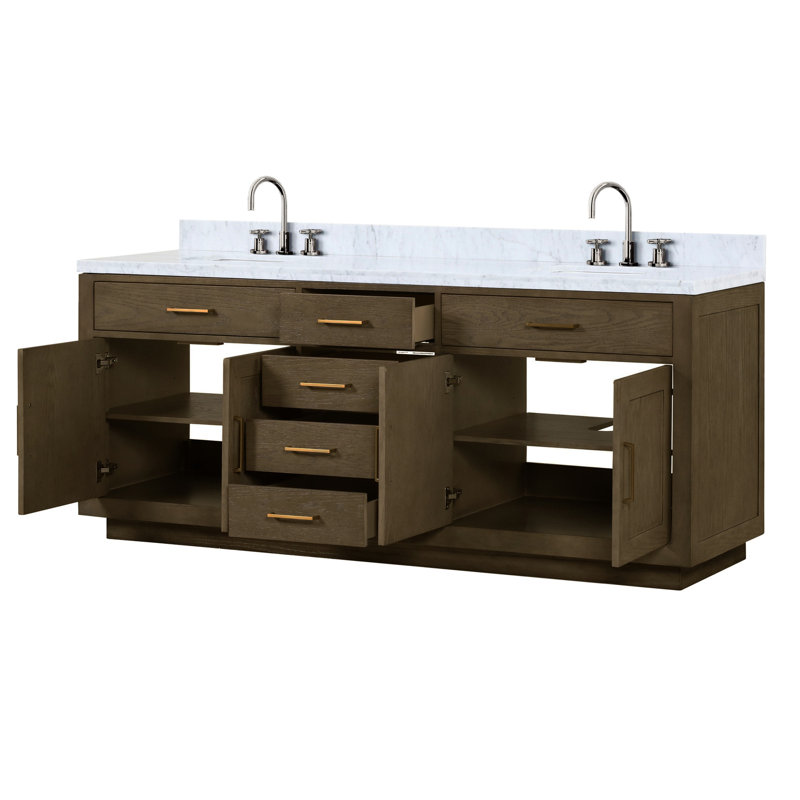 Meuble-lavabo double en chêne gris 84 po L x P 22 po - Comptoir en marbre et robinet inclus, Gris