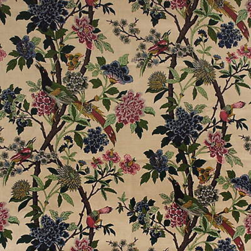 Hydrangea Bird Linen Performance Fabric, Rose/Biscuit