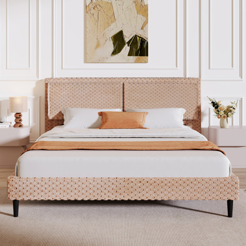 Lit pour chambre très grand chameau, tissu doux pour la peau, ajustement du corps confortable, structure en bois massif, lit d'apparence d'aspect doux avec revêtement doux, trois supports de dossier rembourrés, base stable et bords