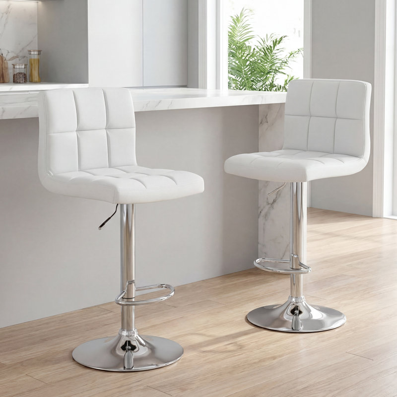 Kristopher Swivel Upholstered Faux Leather Adjustable Height Bar Stool with Iron Frame, White