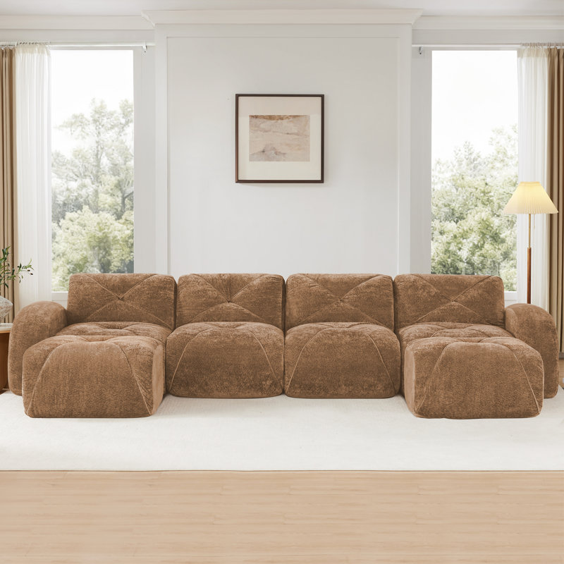 Canapé modulaire capitonné en U de 6 pièces avec 2 repose-pieds Klyrith, aucun assemblage requis, Velours brun clair