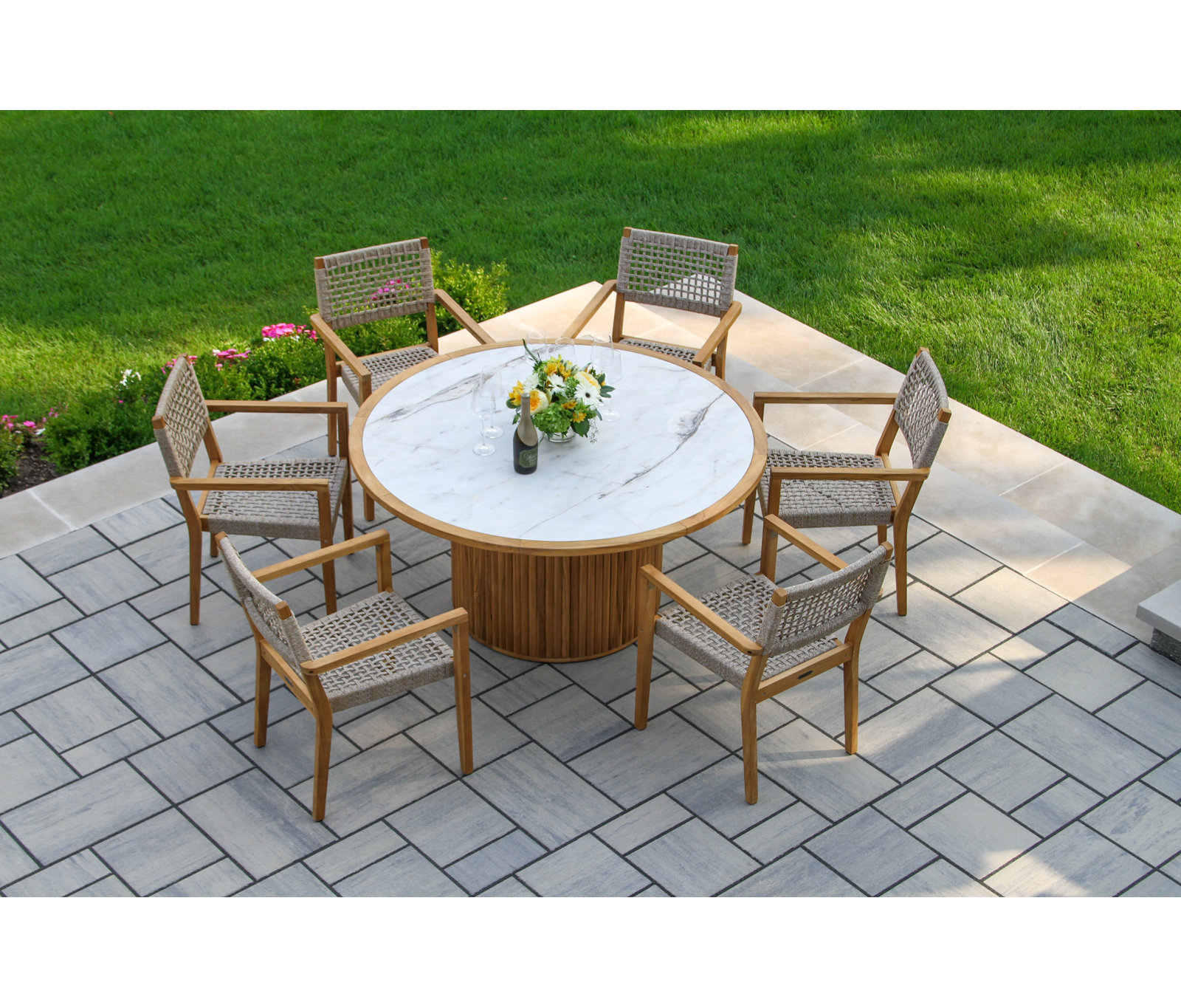 Cava 60" Teak Patio Dining Set, White/Natural, Ivory