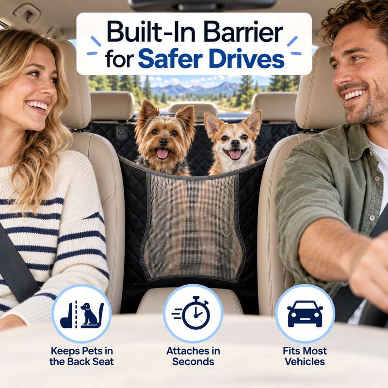 A mesh divider turns this waterproof rear-seat hammock into a dog guard for cars, trucks, and SUVs. Adjustable straps secure the setup, while the non-slip protector and scratchproof dog blanket add coverage.