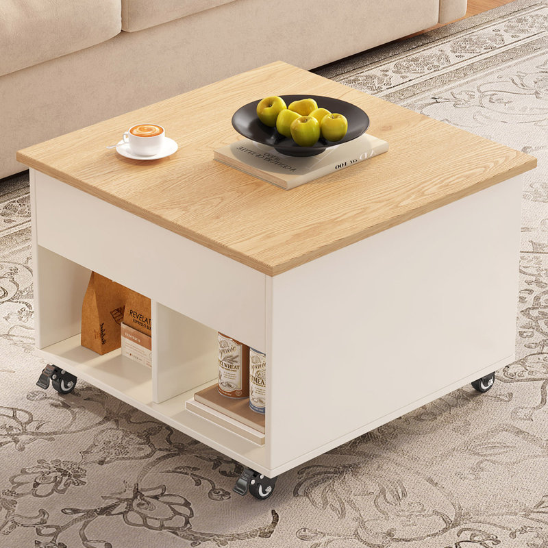 Table basse carrée relevable avec roulettes de rangement et roulettes, table d'appoint relevable de style campagnard, table de salon pour chambre à coucher, couleur bois et blanc