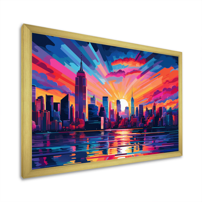 New York, art mural pour le salon New York, H 16 po x l 32 po x P 1 po, Cadre doré simple