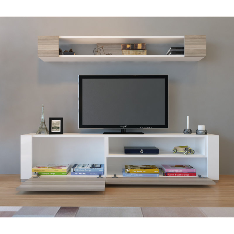 Meuble télé moderne avec tablette murale, blanc et Cordoba, 70,9 po x 17,3 po x 12,4 po | 100% panneau de particules enduit de mélamine, épaisseur: 0,7 pouce | Nombreuses tablettes, conception murale, élégante et fonctionnelle pour le salon