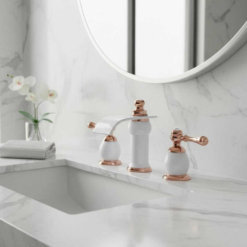 Modern Luxury Vanity Faucet (8" Centers)-Angelo White & Rose Gold 3-Hole Widespread Bathroom Faucet, White/Rose Gold