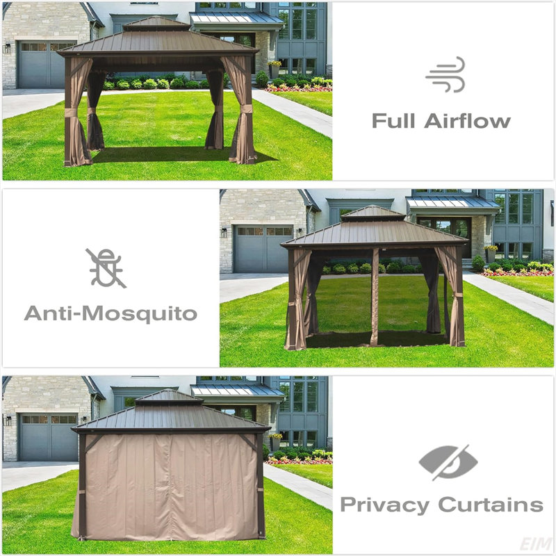 Hardtop Gazebo, Aluminum Metal Gazebo With Galvanized Steel Double Roof Canopy, Curtain And Netting, Permanent Gazebo Pavilion(Canopy)