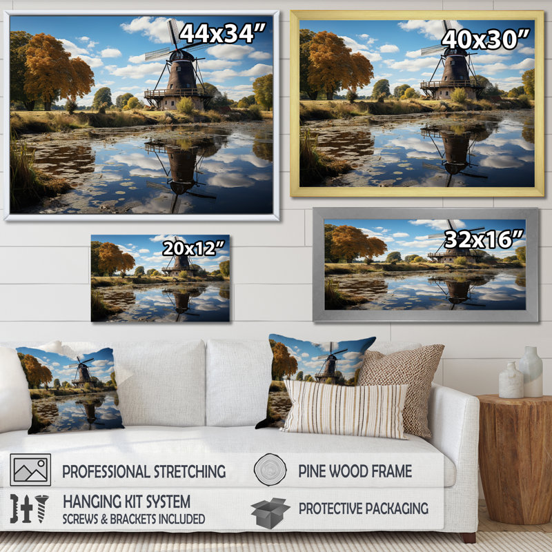 «Holland Windmill Reflections II», reproduction sur toile, Cadre photo noir, H 34 po x l 44 po x P 1,5 po