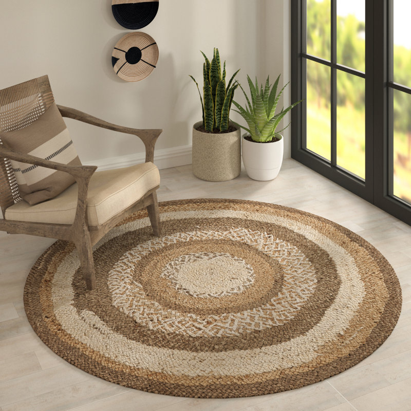 Tapis d'intérieur en jute / sisal tressé à la main brun / beige / ivoire Douros, Rond 6 pi