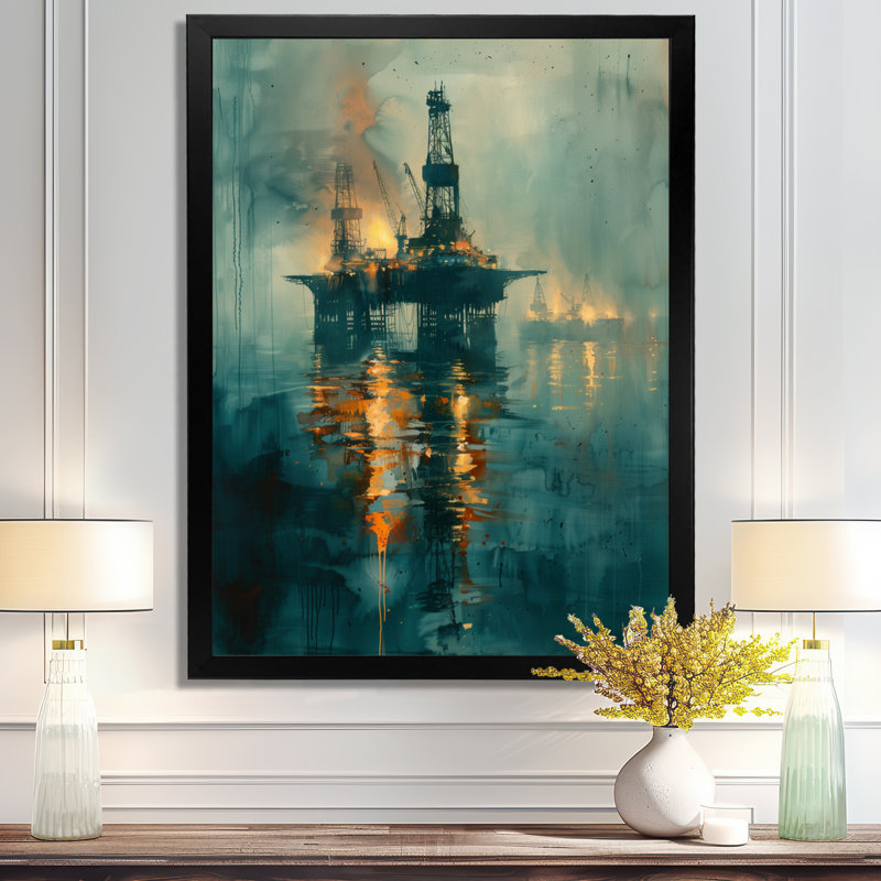 Plate-forme de pétrole bleue et jaune dans le golfe du Mexique, Toile encadrée noire simple, H 30 po x l 40 po x P 1,5 po