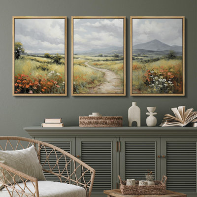 " Pastoral Valley Vibrant Meadow And Country Road Peaceful Landscape Rustic Decor Multicolor " 3 - Pieces