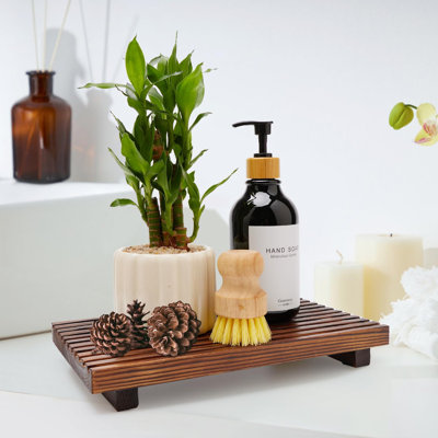 Plateau de comptoir de salle de bain Farmhouse Présentoir à pédales en bois Plateau de comptoir de cuisine Support de distributeur de savon à vaisselle décoratif en bois pour accessoires de lavabo de salle de bain